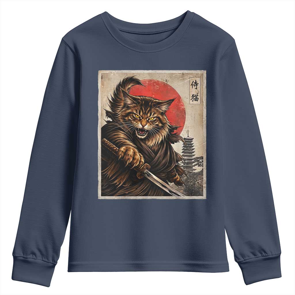 Japanese Maine Coon Samurai Warrior Youth Sweatshirt Vintage Ukiyoe Cat