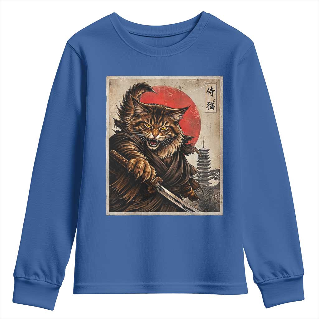 Japanese Maine Coon Samurai Warrior Youth Sweatshirt Vintage Ukiyoe Cat