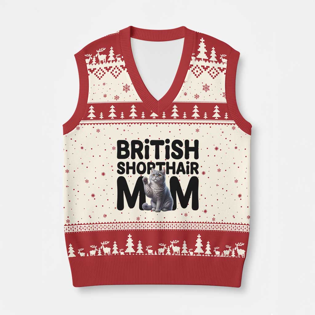 British Shorthair Mom Life V-Neck Knit Sweater Vest Mothers Day Cat Mom Gift