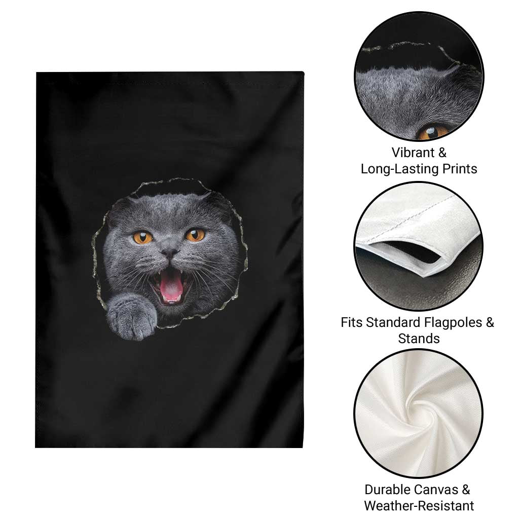 Cute British Shorthair Cat Peeking Through Cracked Wall Garden Flag