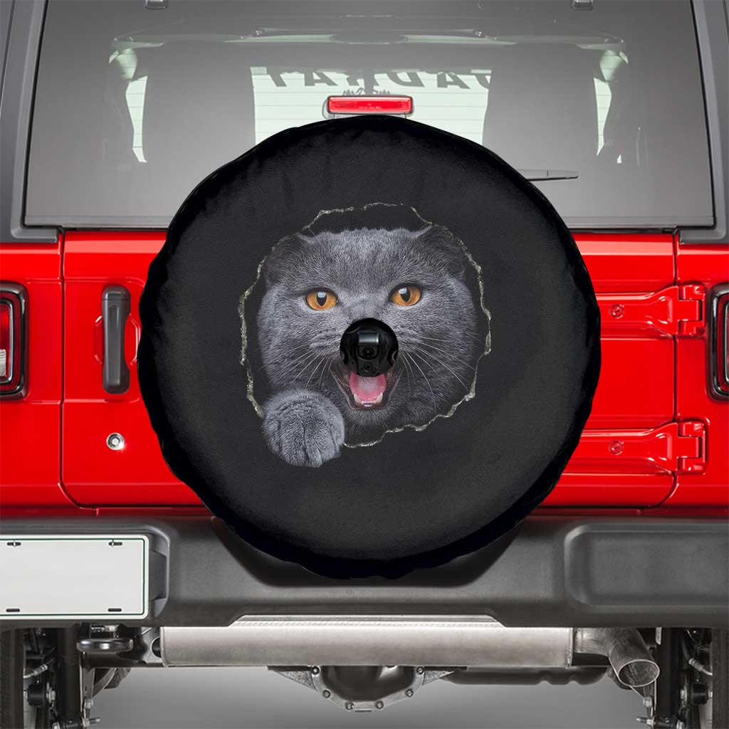 Cute British Shorthair Cat Peeking Through Cracked Wall Spare Tire Cover