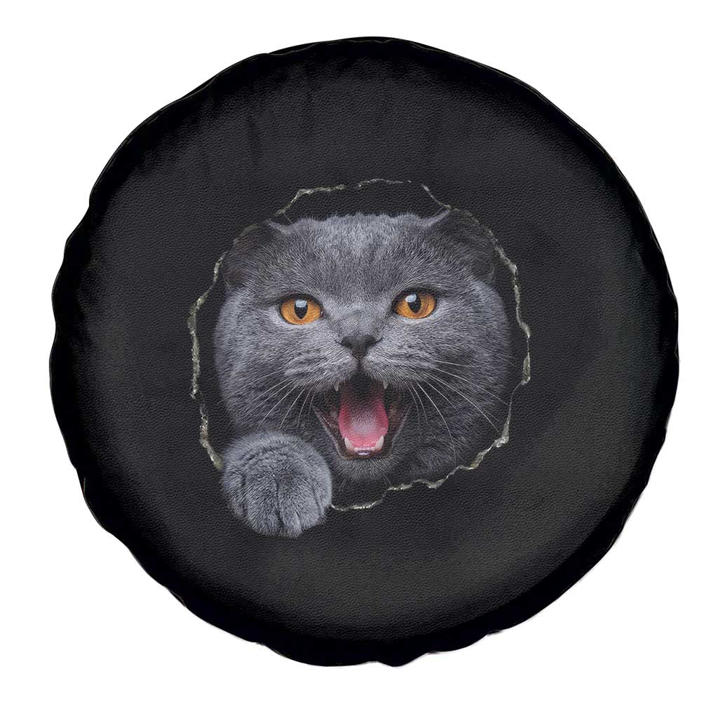 Cute British Shorthair Cat Peeking Through Cracked Wall Spare Tire Cover