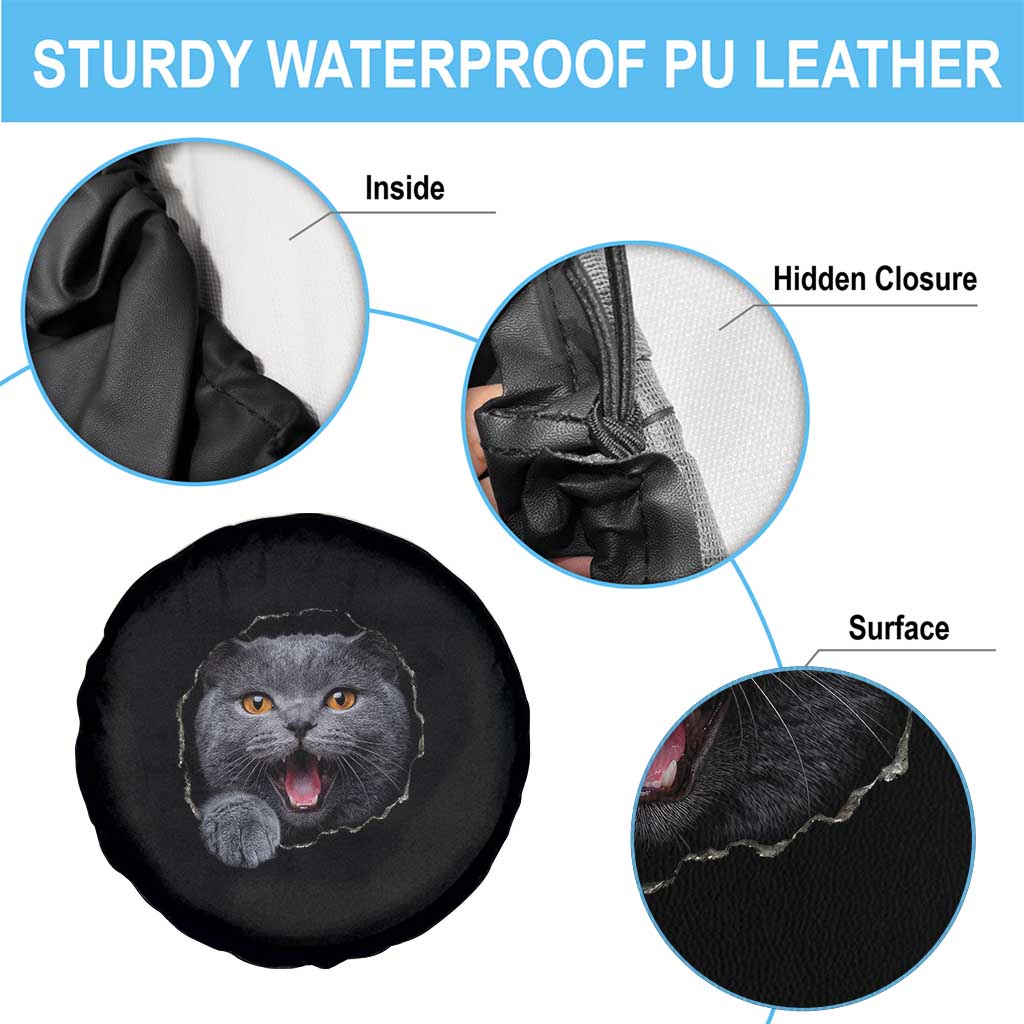Cute British Shorthair Cat Peeking Through Cracked Wall Spare Tire Cover