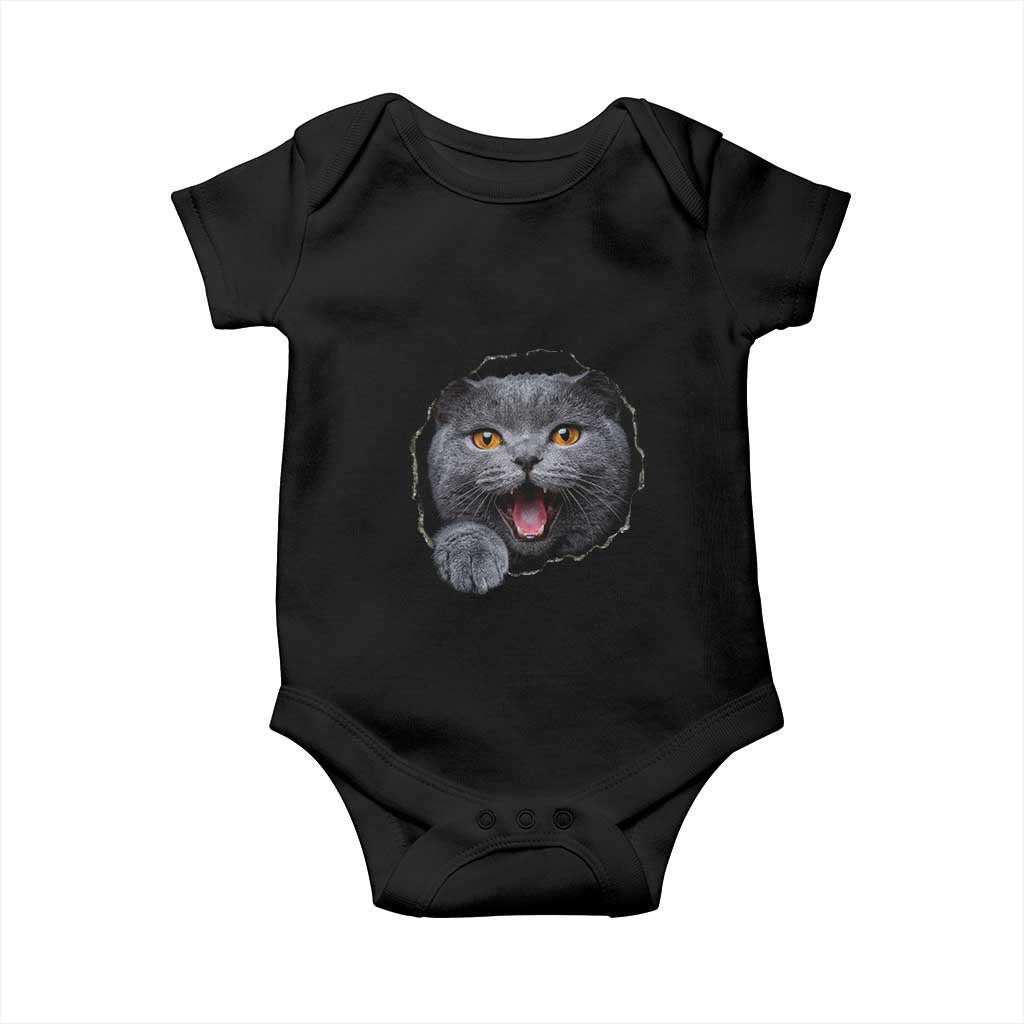 Cute British Shorthair Cat Peeking Through Cracked Wall Baby Onesie