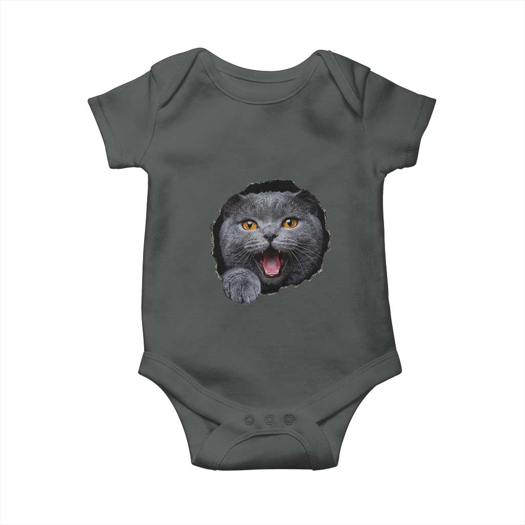 Cute British Shorthair Cat Peeking Through Cracked Wall Baby Onesie