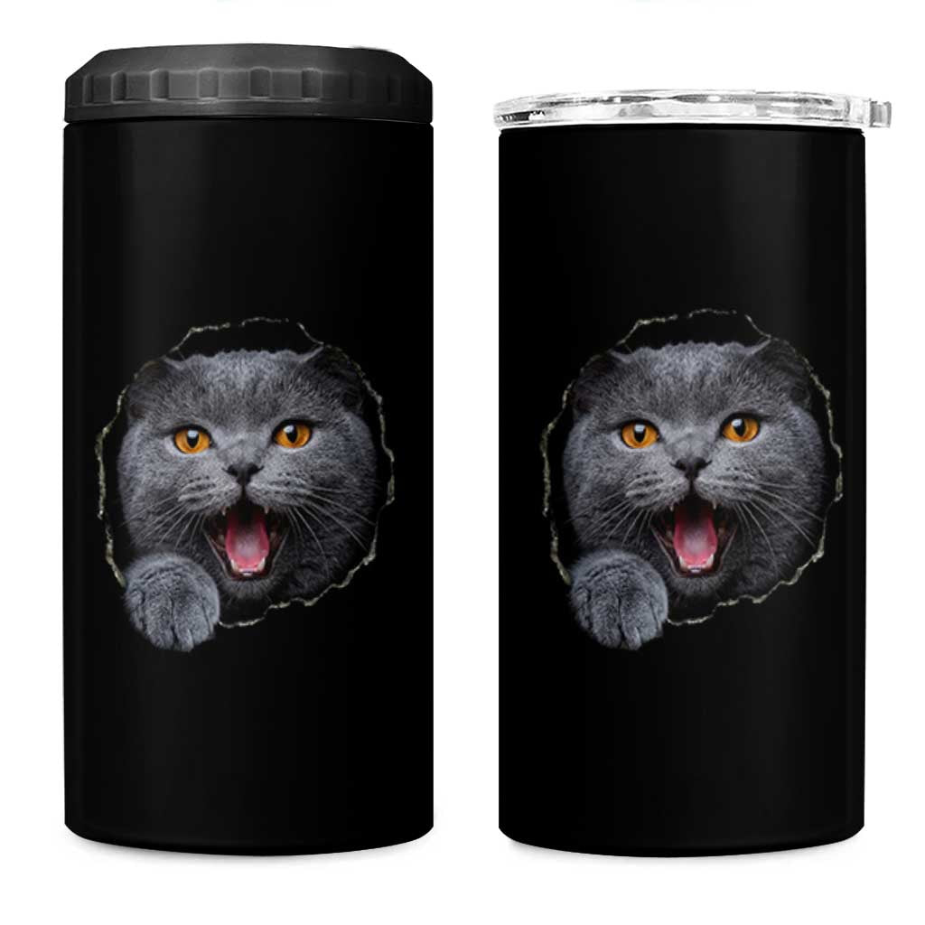Cute British Shorthair Cat Peeking Through Cracked Wall 4 in 1 Can Cooler Tumbler