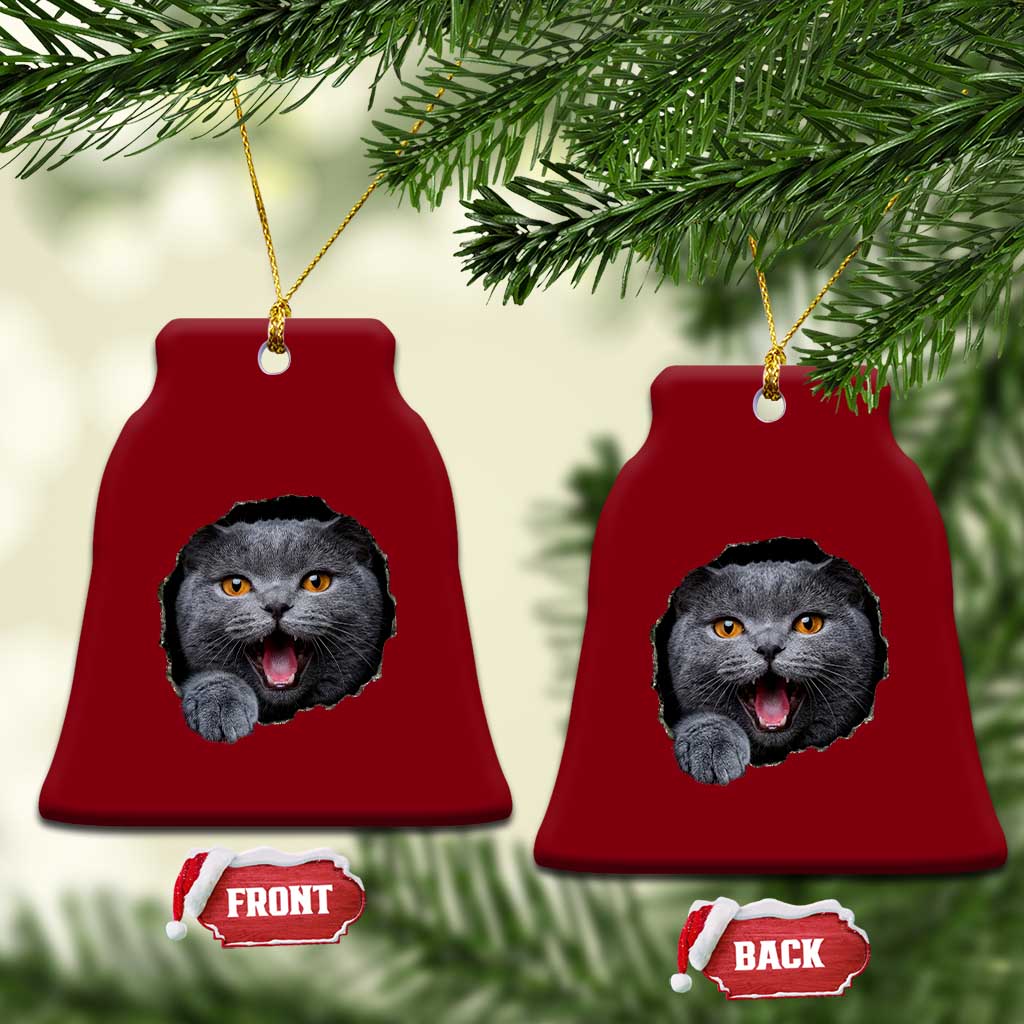 Cute British Shorthair Cat Peeking Through Cracked Wall Ceramic Ornament