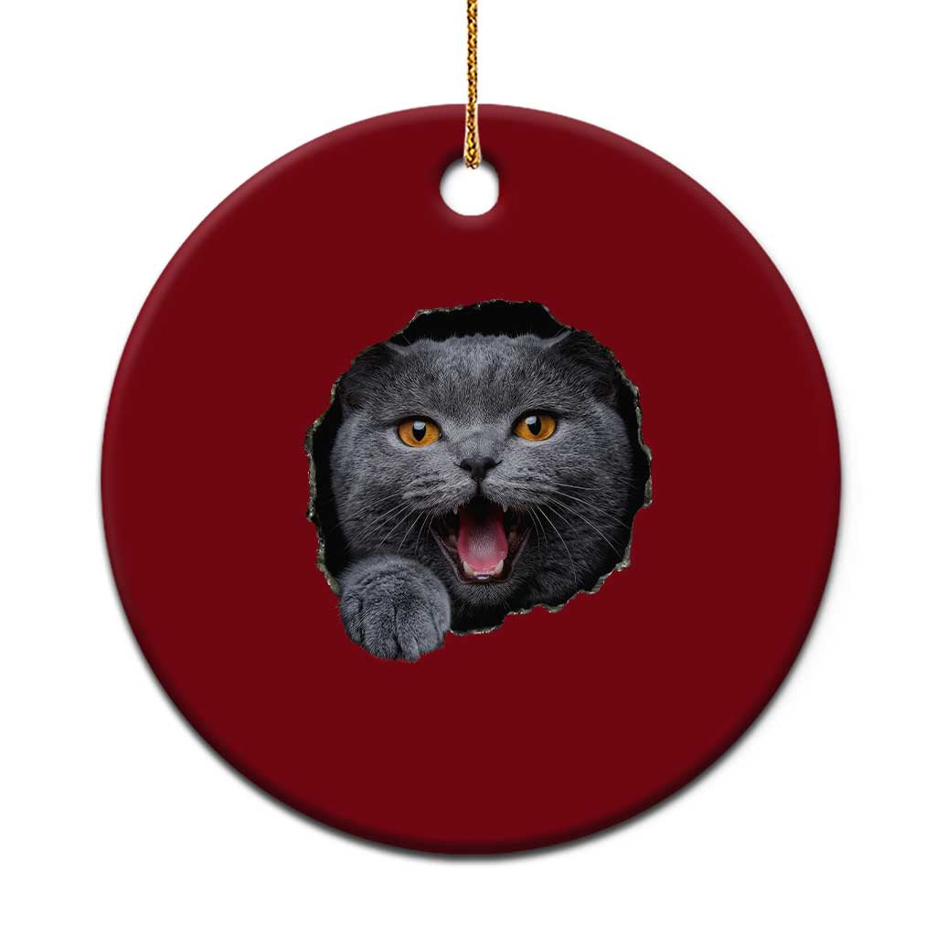 Cute British Shorthair Cat Peeking Through Cracked Wall Ceramic Ornament