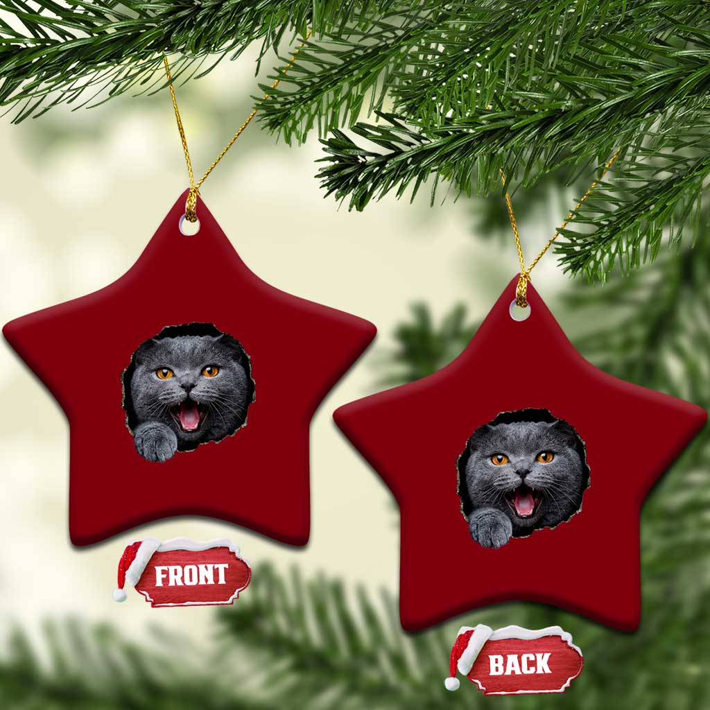 Cute British Shorthair Cat Peeking Through Cracked Wall Ceramic Ornament