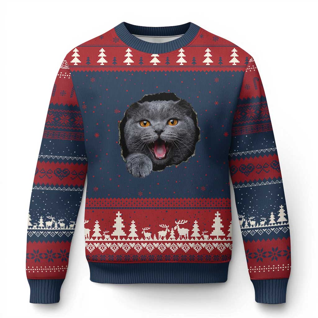 Cute British Shorthair Cat Peeking Through Cracked Wall Ugly Christmas Sweater