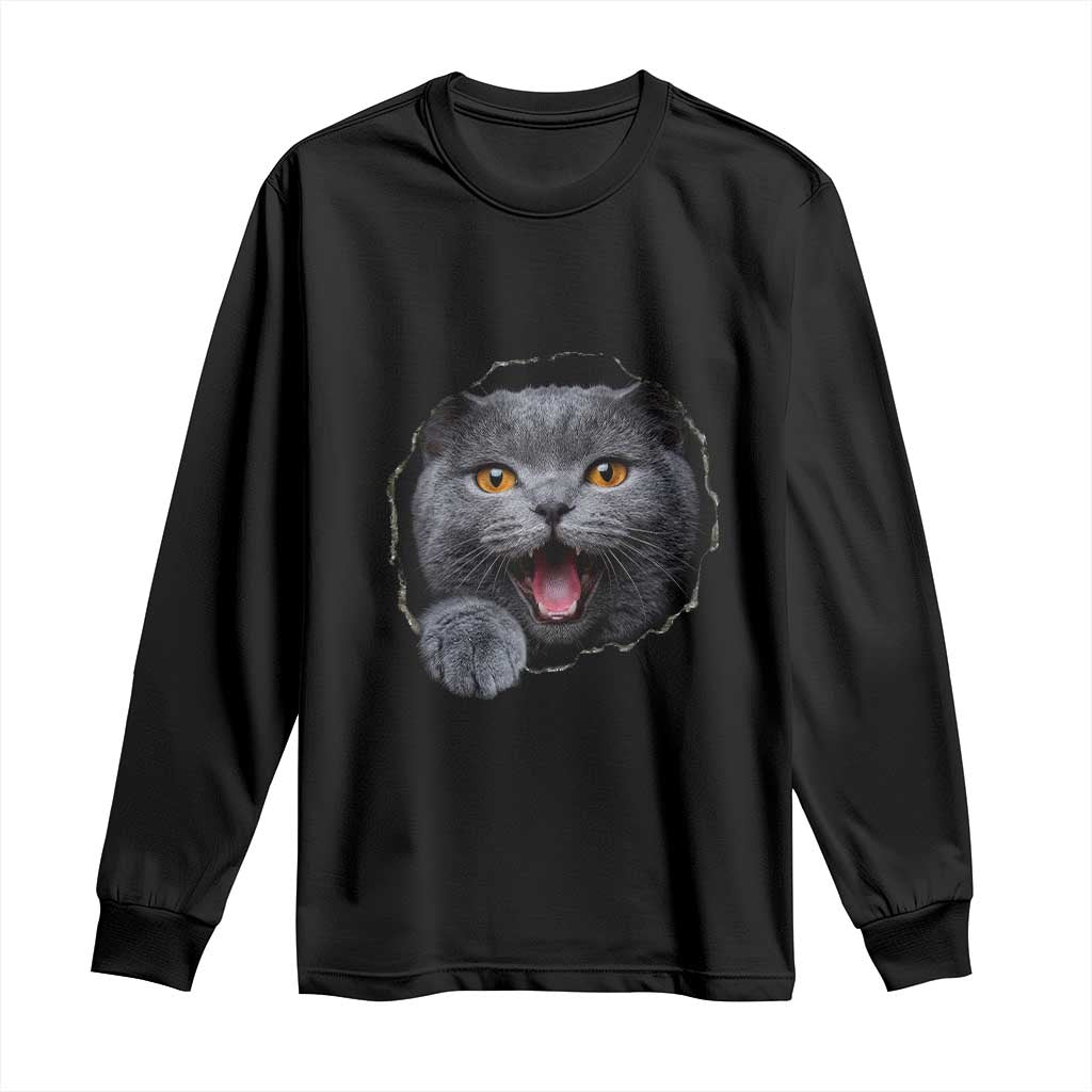 Cute British Shorthair Cat Peeking Through Cracked Wall Long Sleeve Shirt