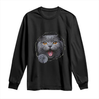 Cute British Shorthair Cat Peeking Through Cracked Wall Long Sleeve Shirt