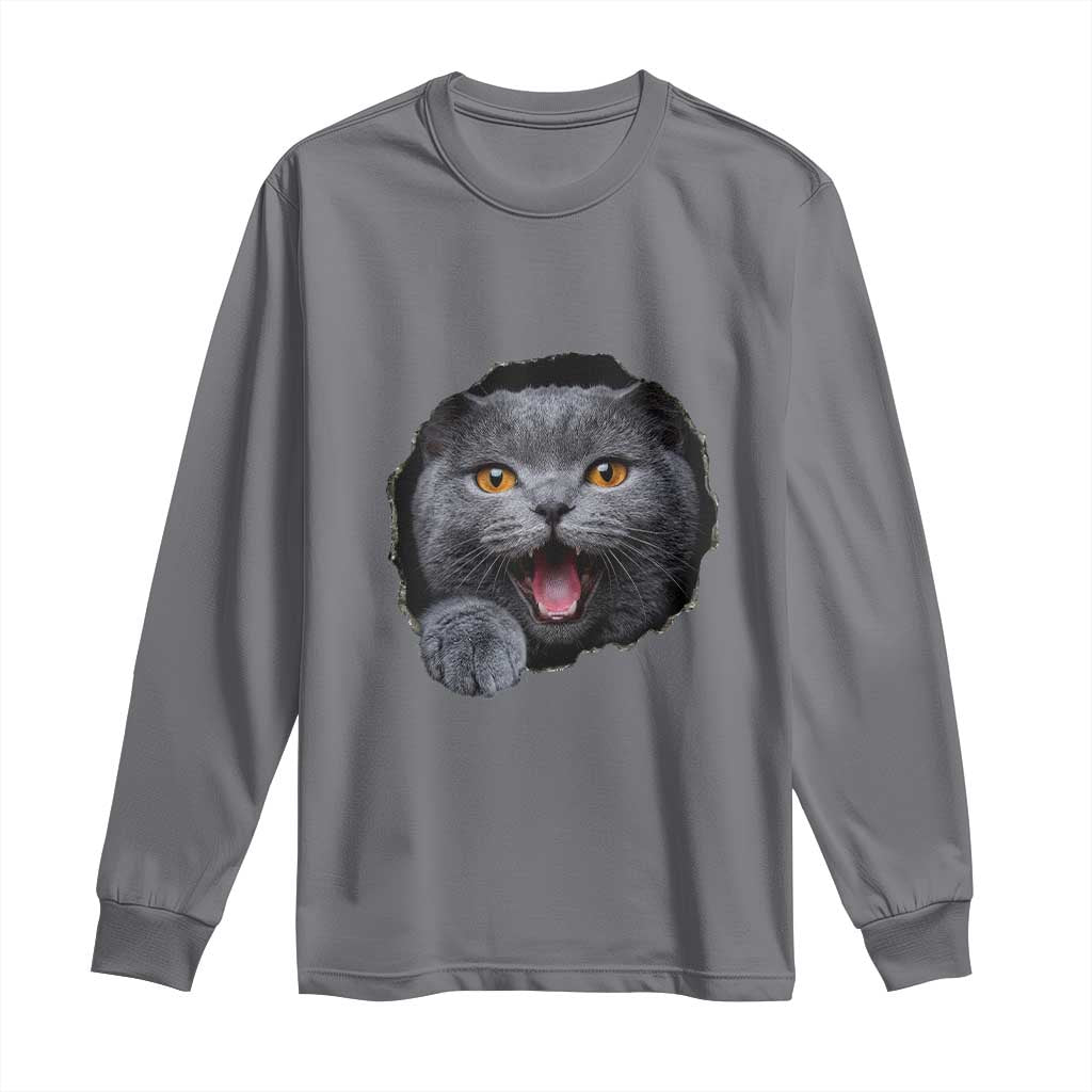 Cute British Shorthair Cat Peeking Through Cracked Wall Long Sleeve Shirt