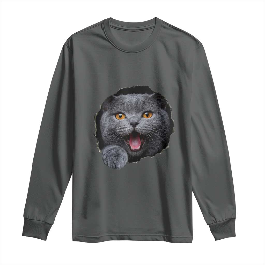 Cute British Shorthair Cat Peeking Through Cracked Wall Long Sleeve Shirt