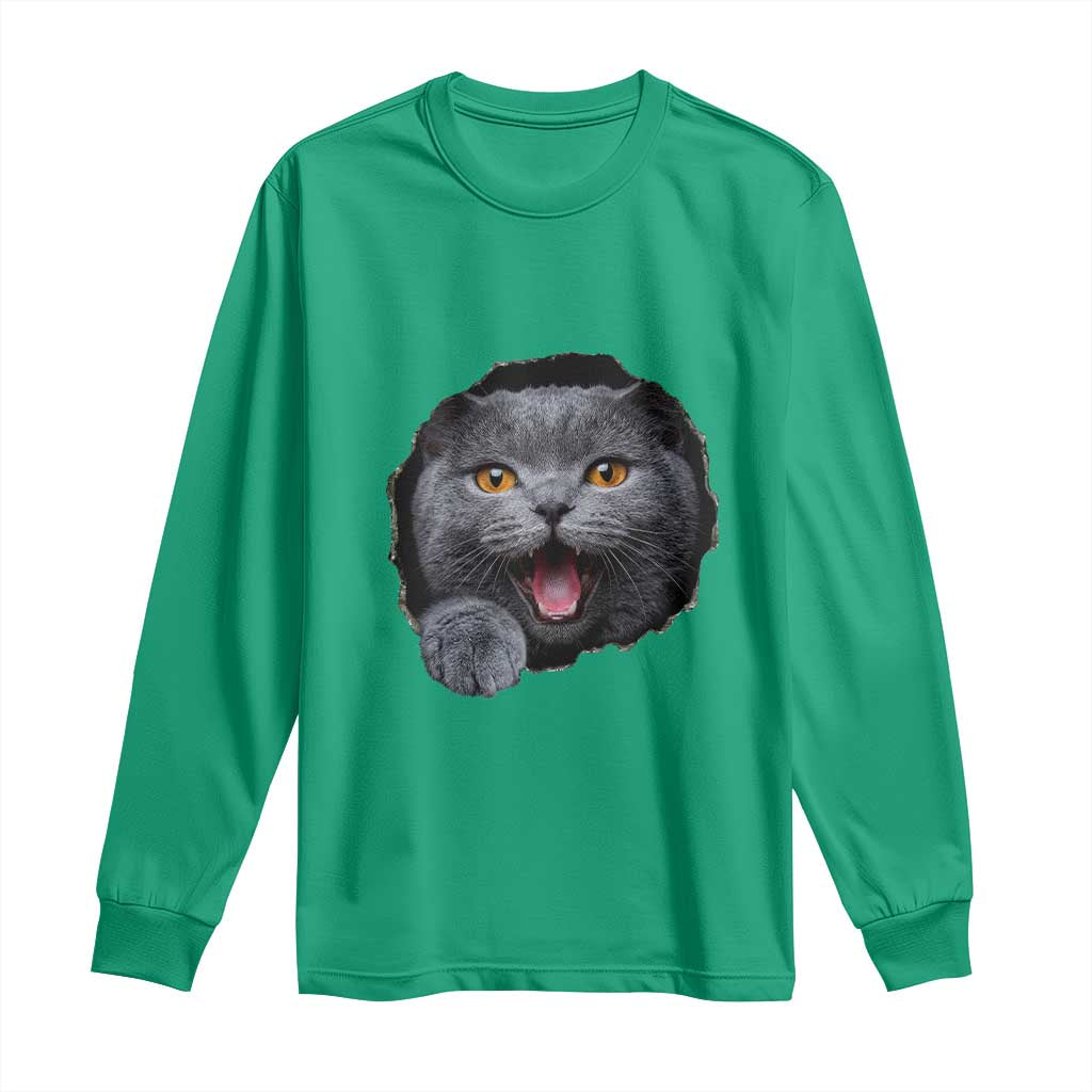 Cute British Shorthair Cat Peeking Through Cracked Wall Long Sleeve Shirt
