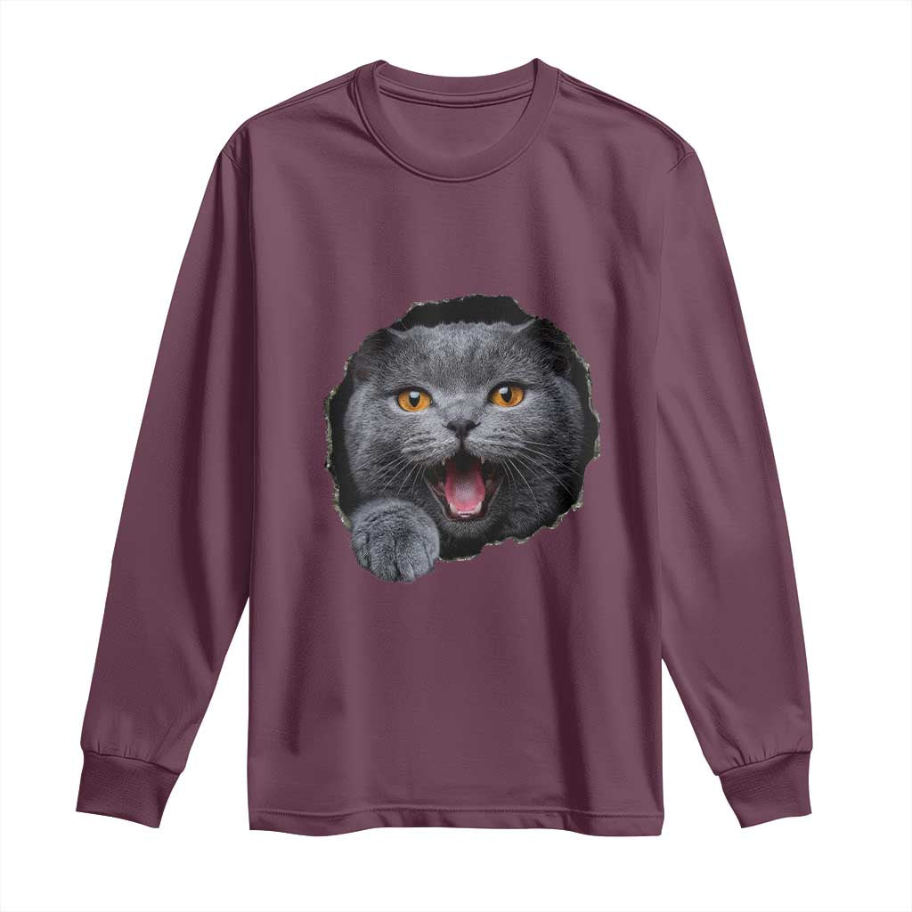 Cute British Shorthair Cat Peeking Through Cracked Wall Long Sleeve Shirt