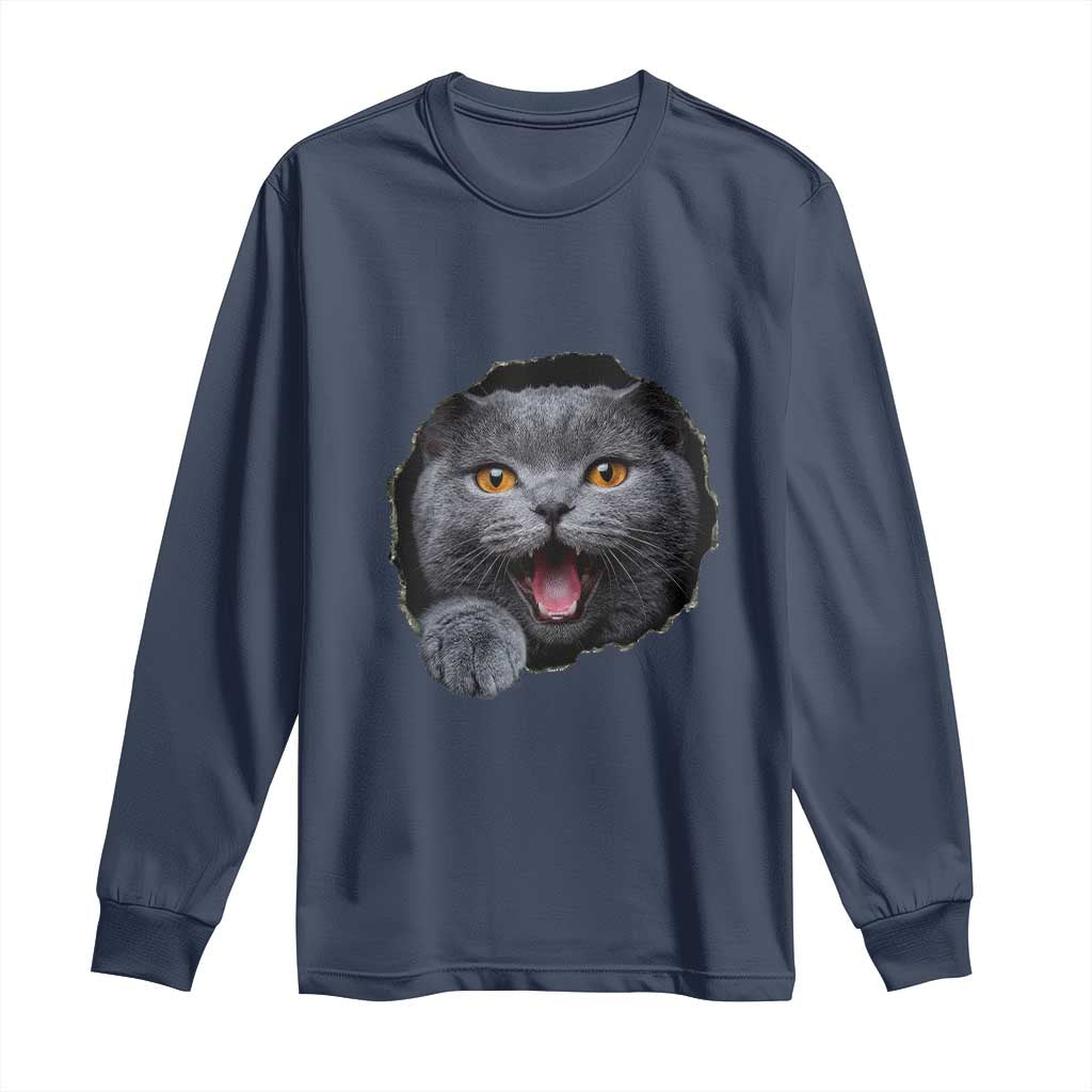 Cute British Shorthair Cat Peeking Through Cracked Wall Long Sleeve Shirt