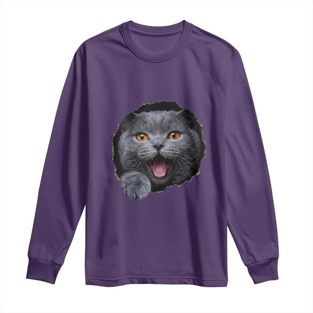 Cute British Shorthair Cat Peeking Through Cracked Wall Long Sleeve Shirt