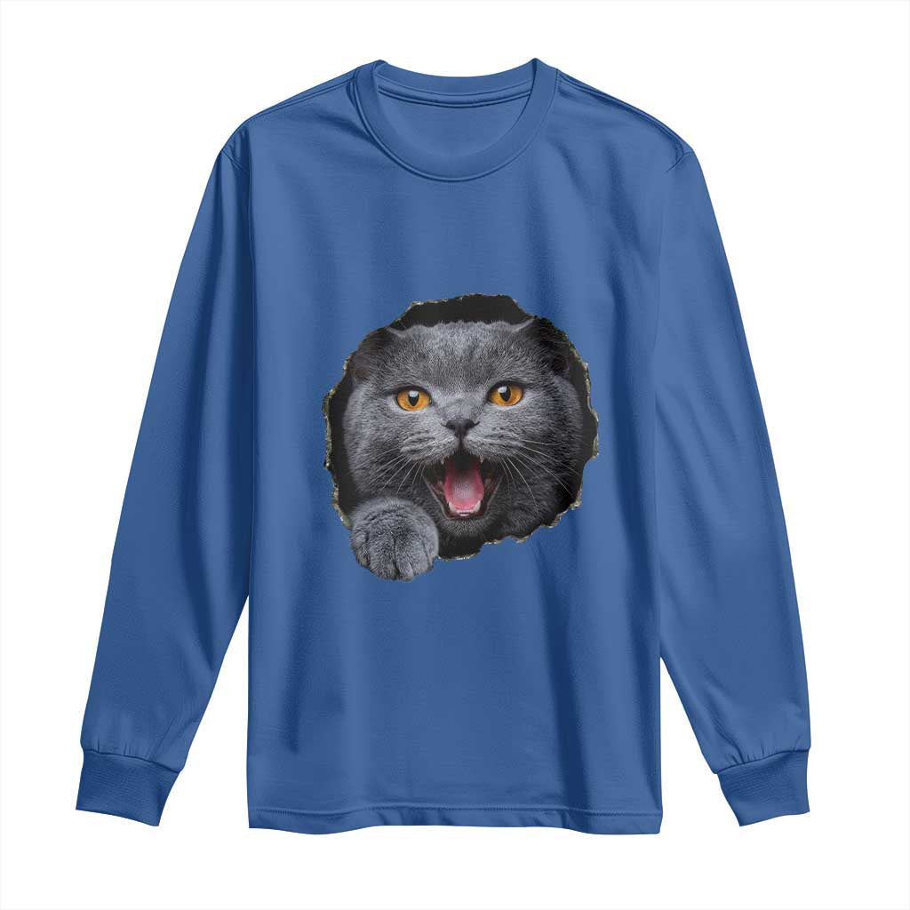 Cute British Shorthair Cat Peeking Through Cracked Wall Long Sleeve Shirt