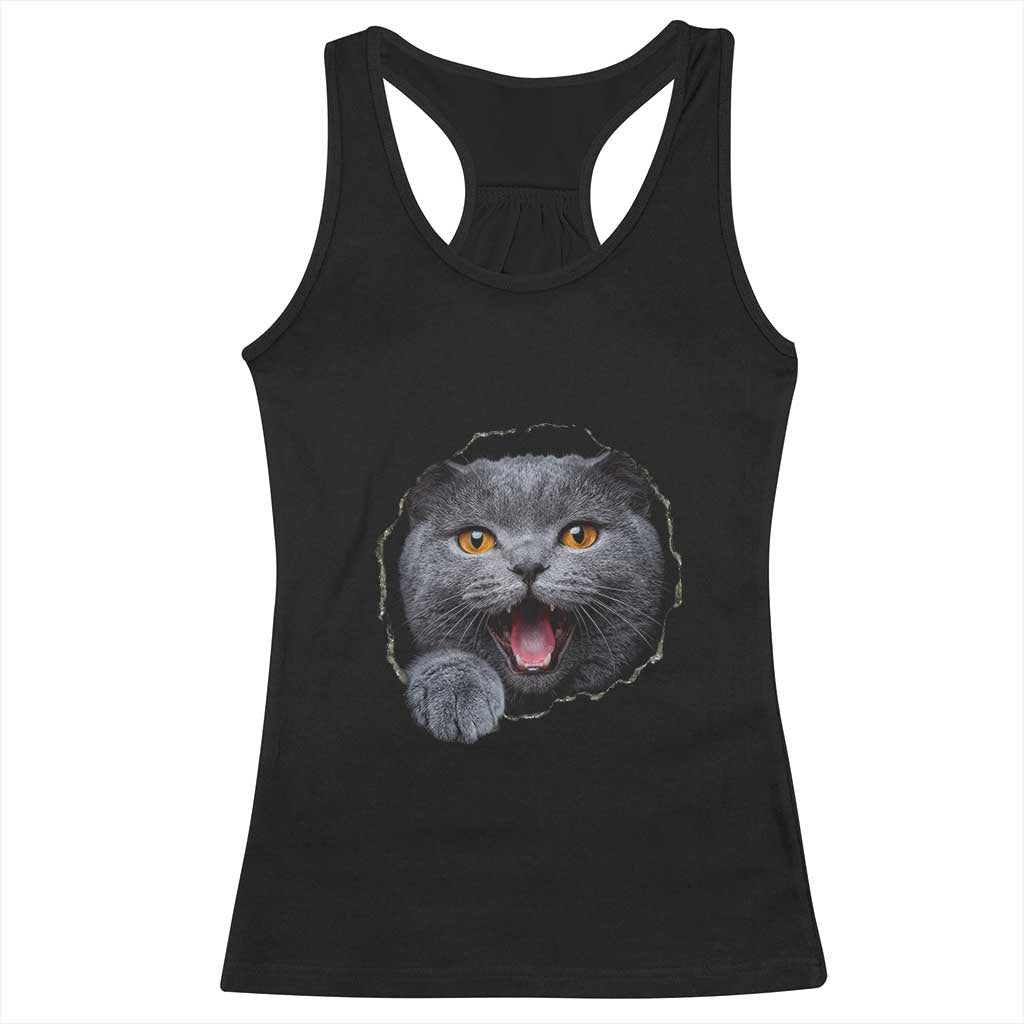 Cute British Shorthair Cat Peeking Through Cracked Wall Racerback Tank Top