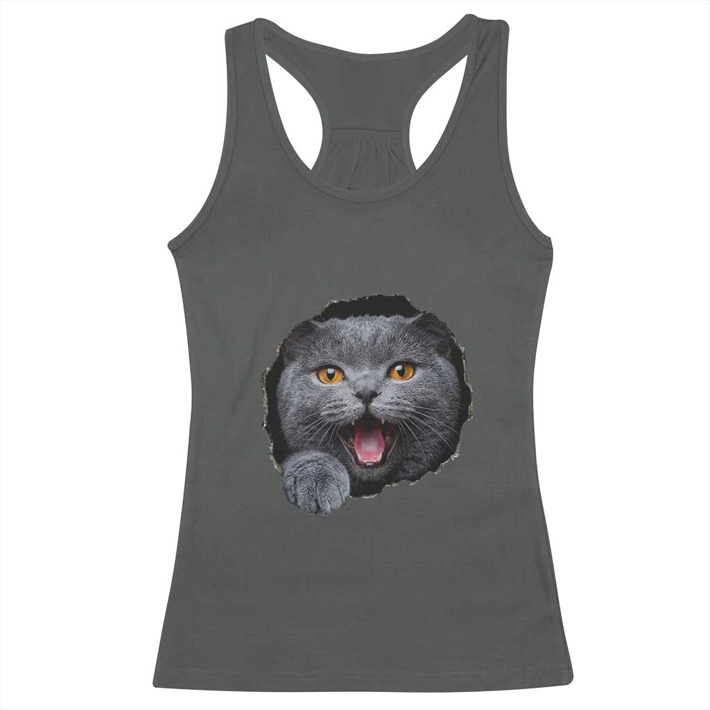 Cute British Shorthair Cat Peeking Through Cracked Wall Racerback Tank Top