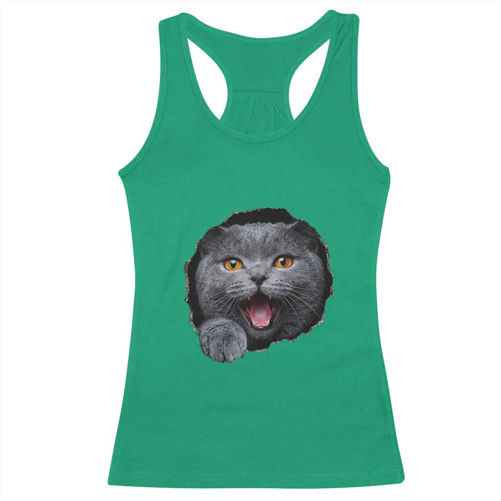 Cute British Shorthair Cat Peeking Through Cracked Wall Racerback Tank Top