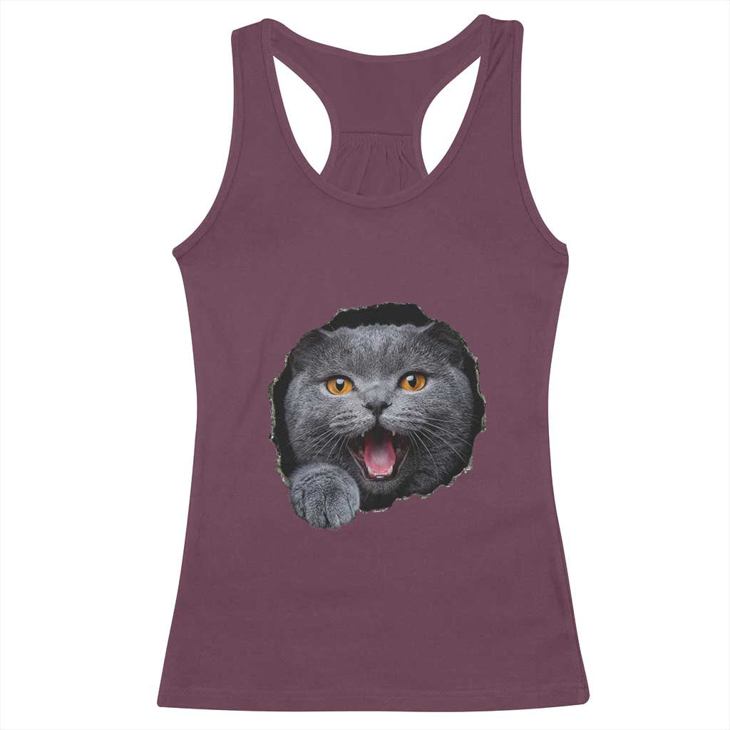 Cute British Shorthair Cat Peeking Through Cracked Wall Racerback Tank Top