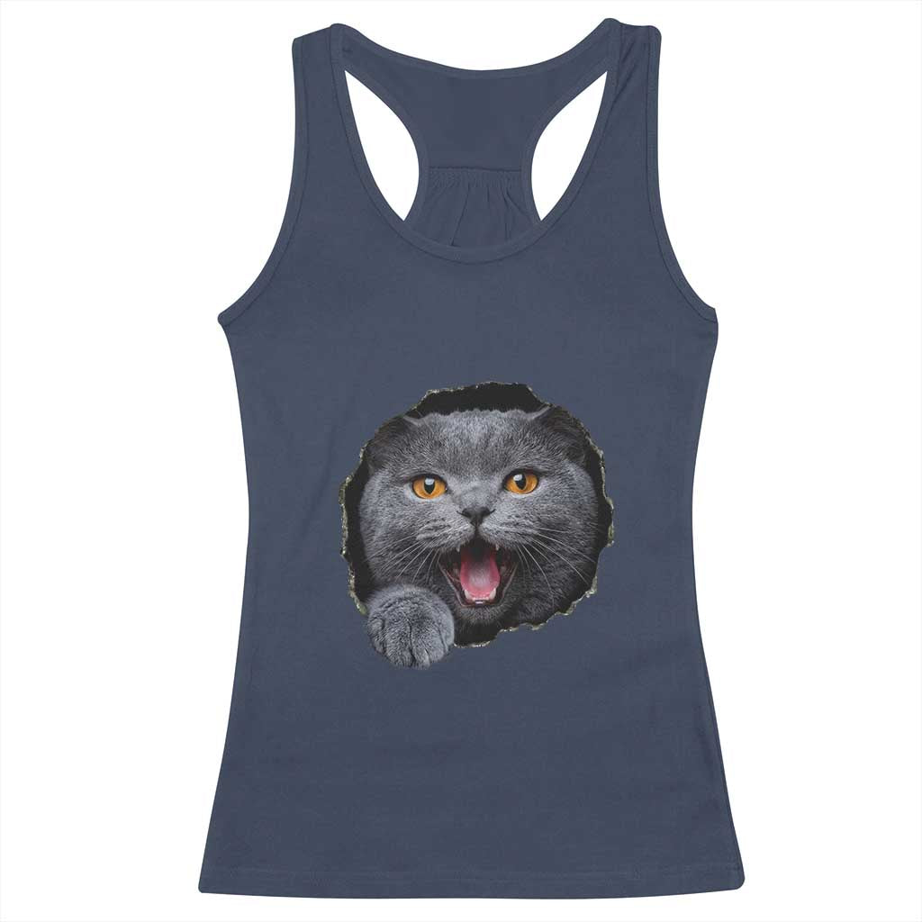 Cute British Shorthair Cat Peeking Through Cracked Wall Racerback Tank Top