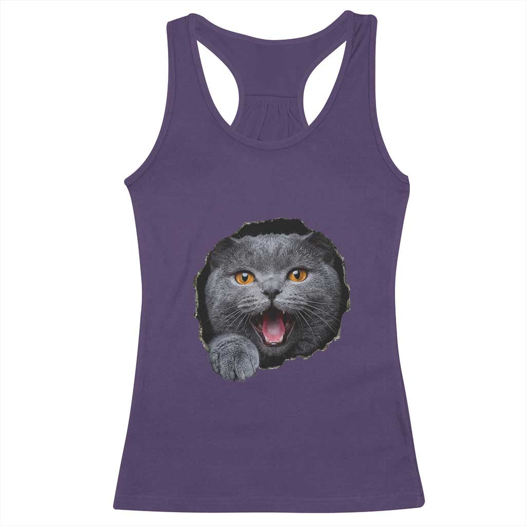 Cute British Shorthair Cat Peeking Through Cracked Wall Racerback Tank Top