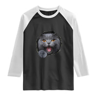 Cute British Shorthair Cat Peeking Through Cracked Wall Raglan Shirt