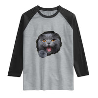 Cute British Shorthair Cat Peeking Through Cracked Wall Raglan Shirt