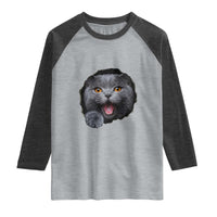 Cute British Shorthair Cat Peeking Through Cracked Wall Raglan Shirt