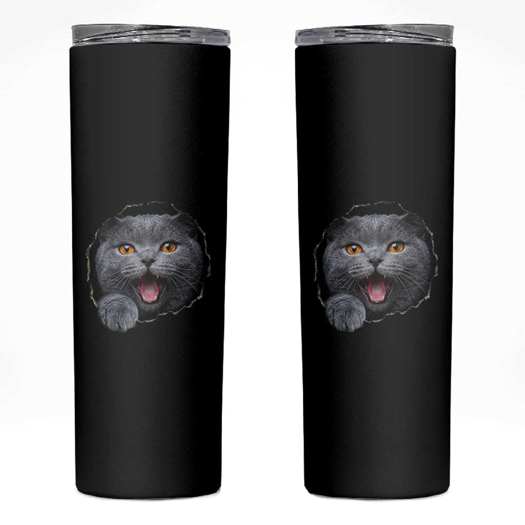 Cute British Shorthair Cat Peeking Through Cracked Wall Skinny Tumbler