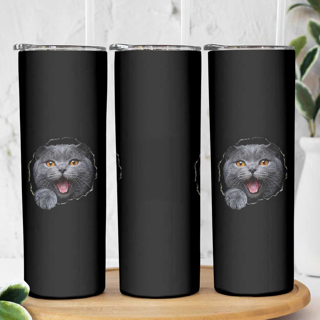 Cute British Shorthair Cat Peeking Through Cracked Wall Skinny Tumbler