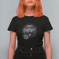 Cute British Shorthair Cat Peeking Through Cracked Wall T Shirt For Women
