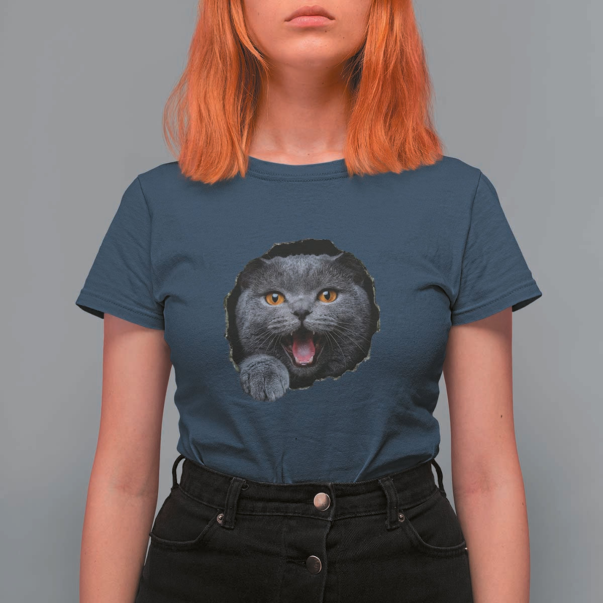 Cute British Shorthair Cat Peeking Through Cracked Wall T Shirt For Women