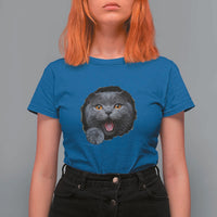 Cute British Shorthair Cat Peeking Through Cracked Wall T Shirt For Women