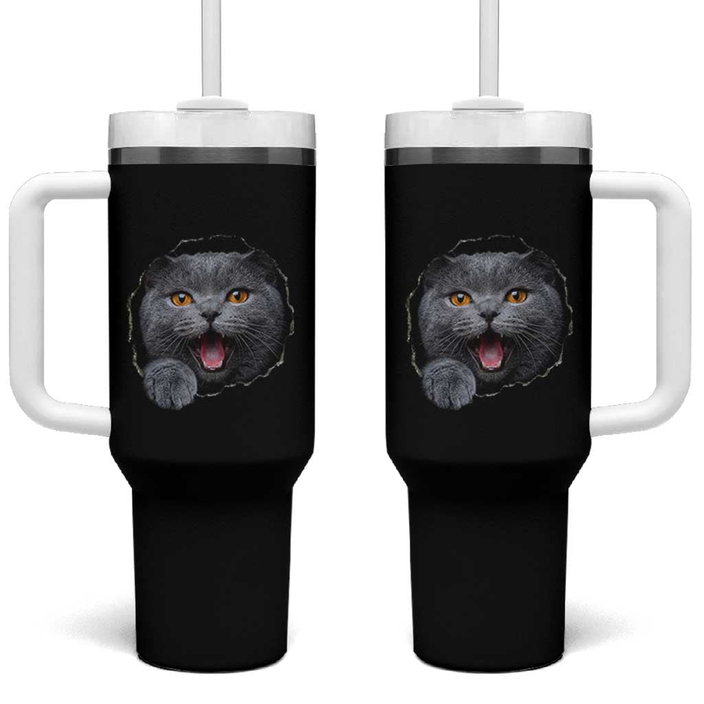Cute British Shorthair Cat Peeking Through Cracked Wall Tumbler With Handle
