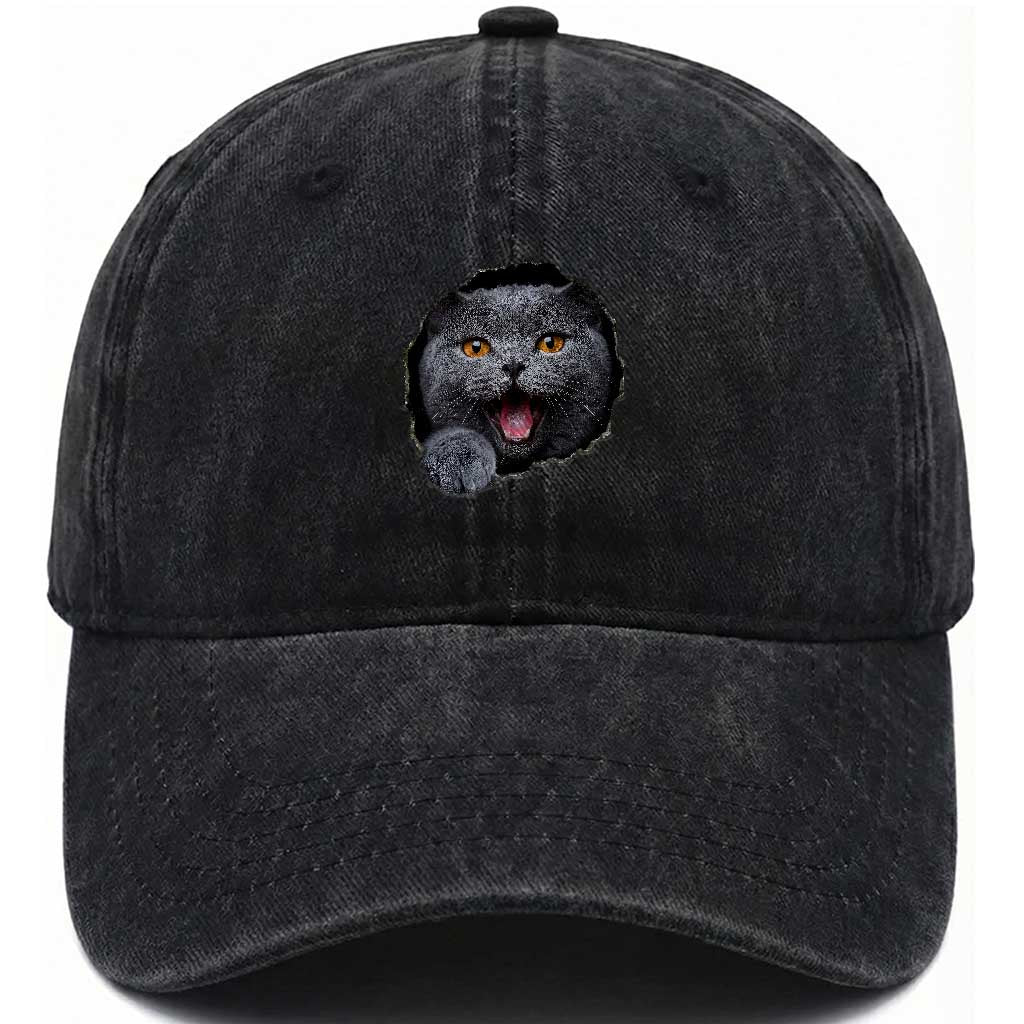 Cute British Shorthair Cat Peeking Through Cracked Wall Washed Cotton Baseball Cap