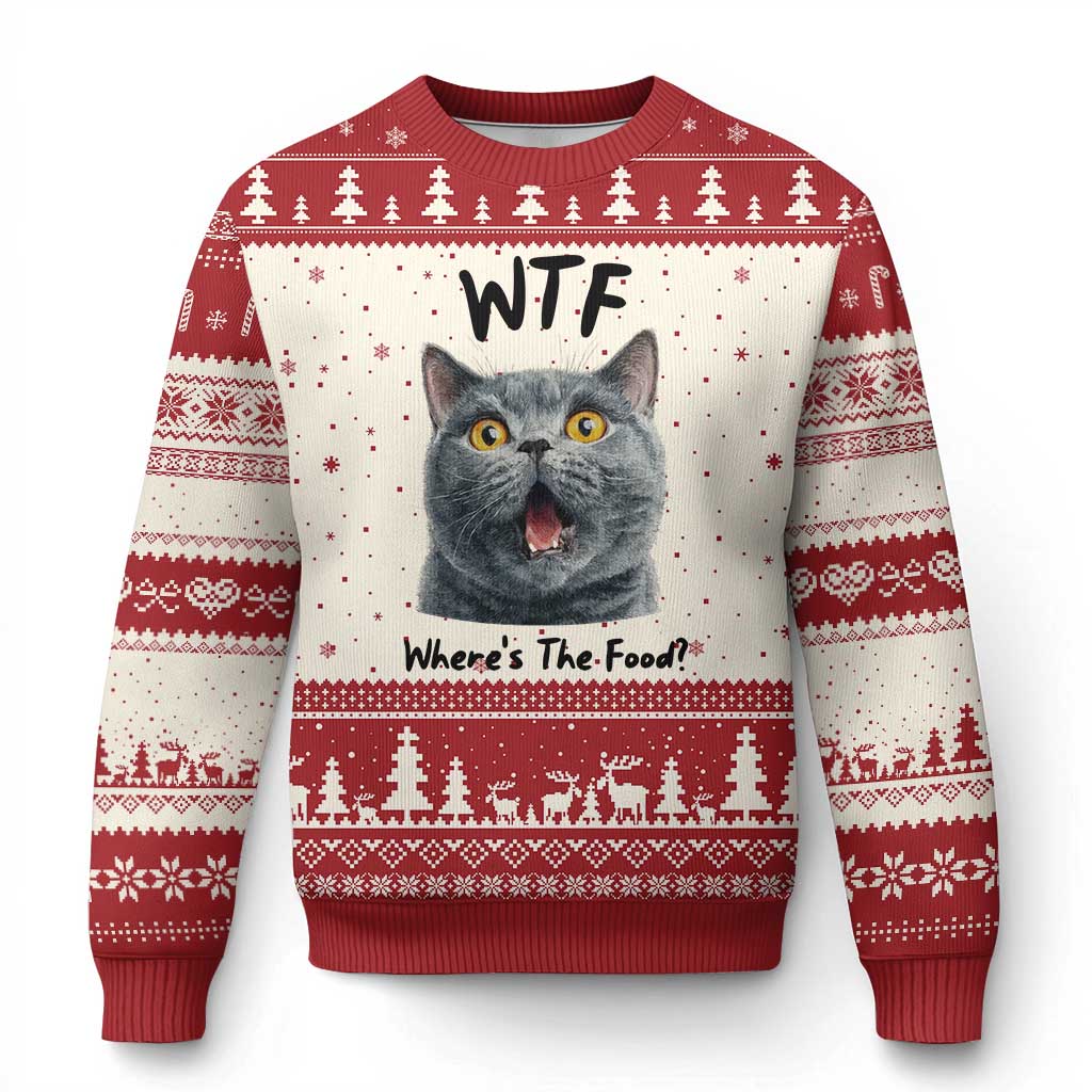 Funny Shocked British Shorthair Cat Ugly Christmas Sweater Where Is The Food