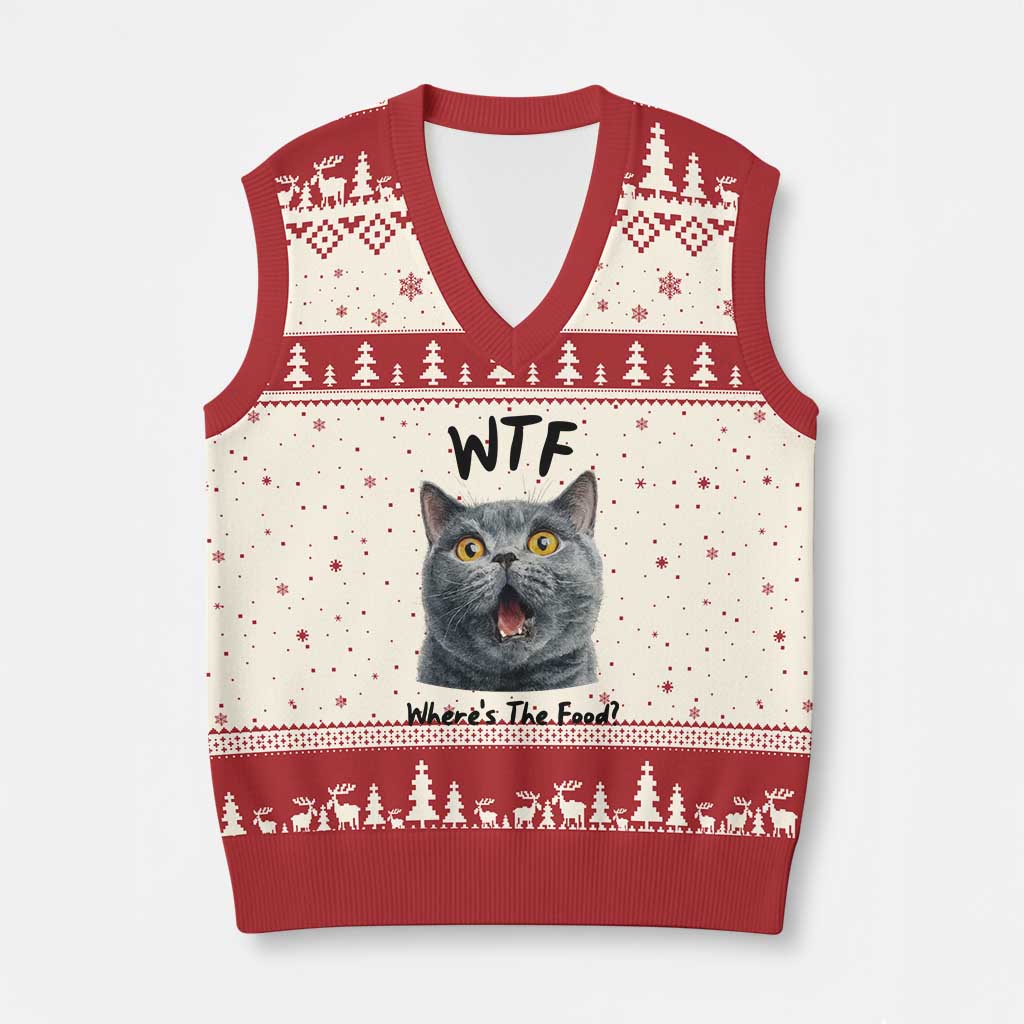 Funny Shocked British Shorthair Cat V-Neck Knit Sweater Vest Where Is The Food