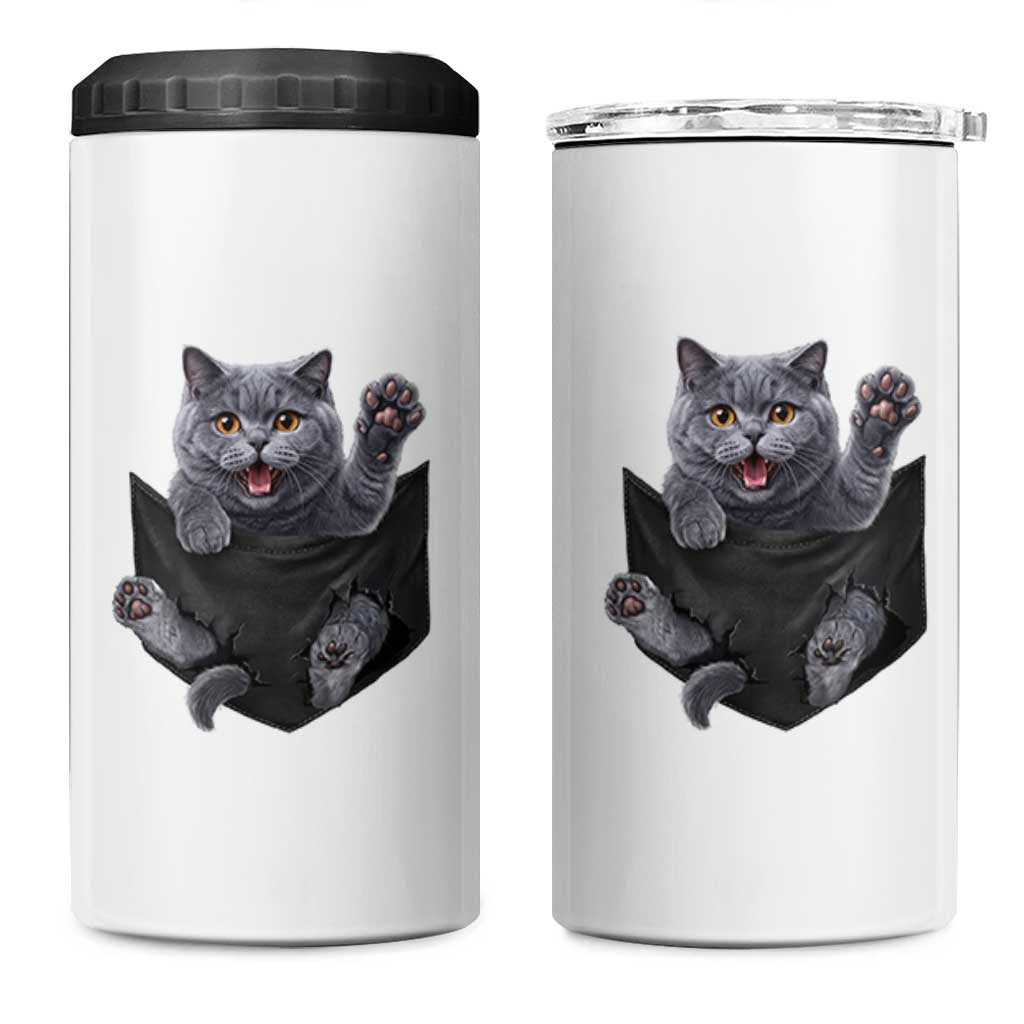 Cute British Shorthair Cat In Pocket 4 in 1 Can Cooler Tumbler Cat Lover