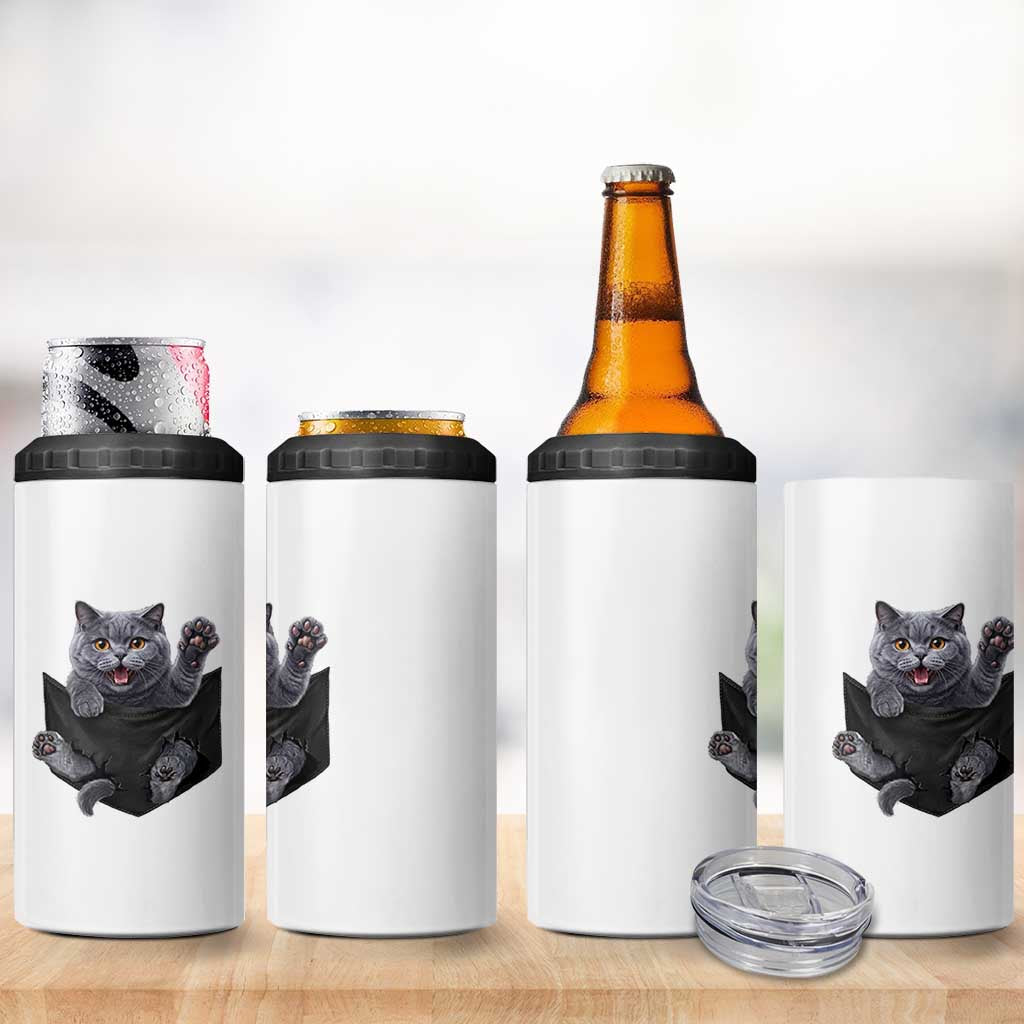 Cute British Shorthair Cat In Pocket 4 in 1 Can Cooler Tumbler Cat Lover