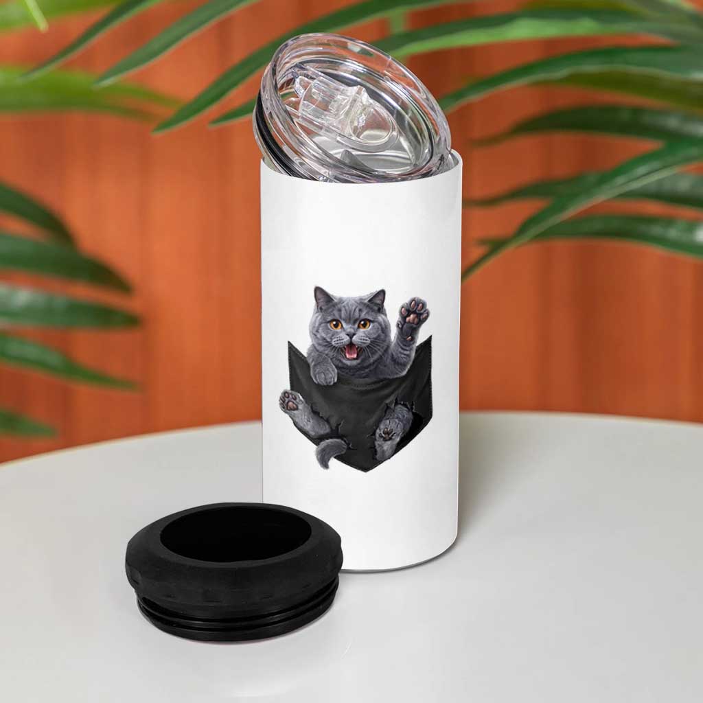 Cute British Shorthair Cat In Pocket 4 in 1 Can Cooler Tumbler Cat Lover