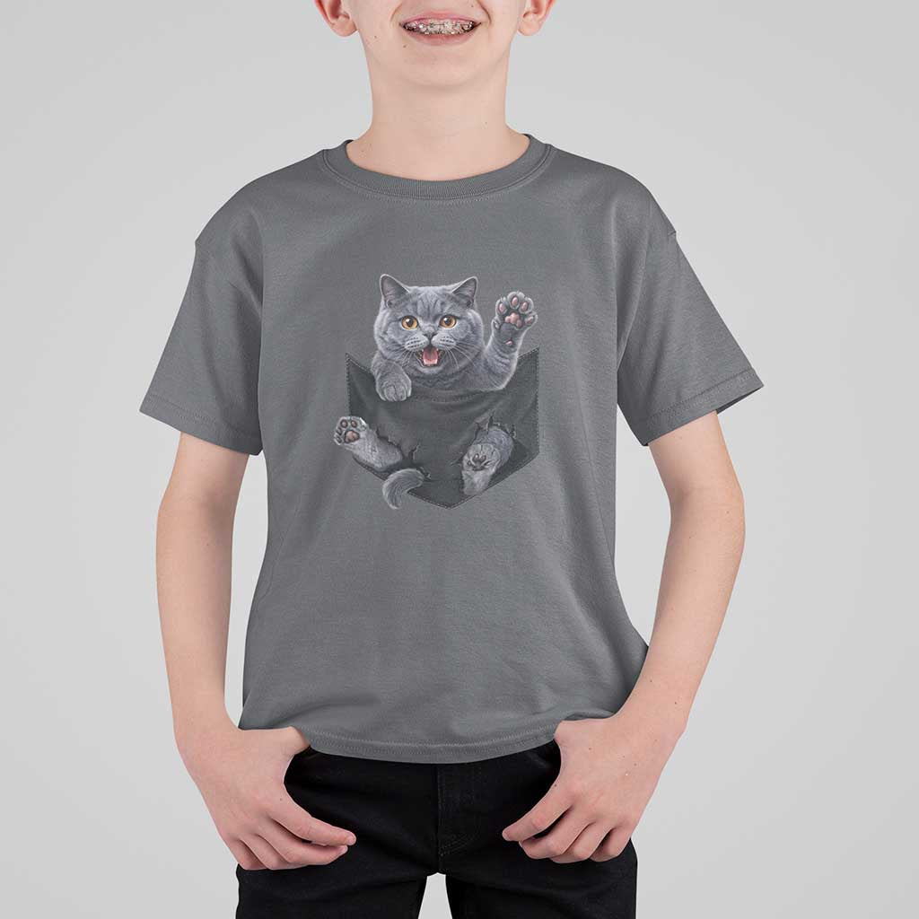 Cute British Shorthair Cat In Pocket T Shirt For Kid Cat Lover