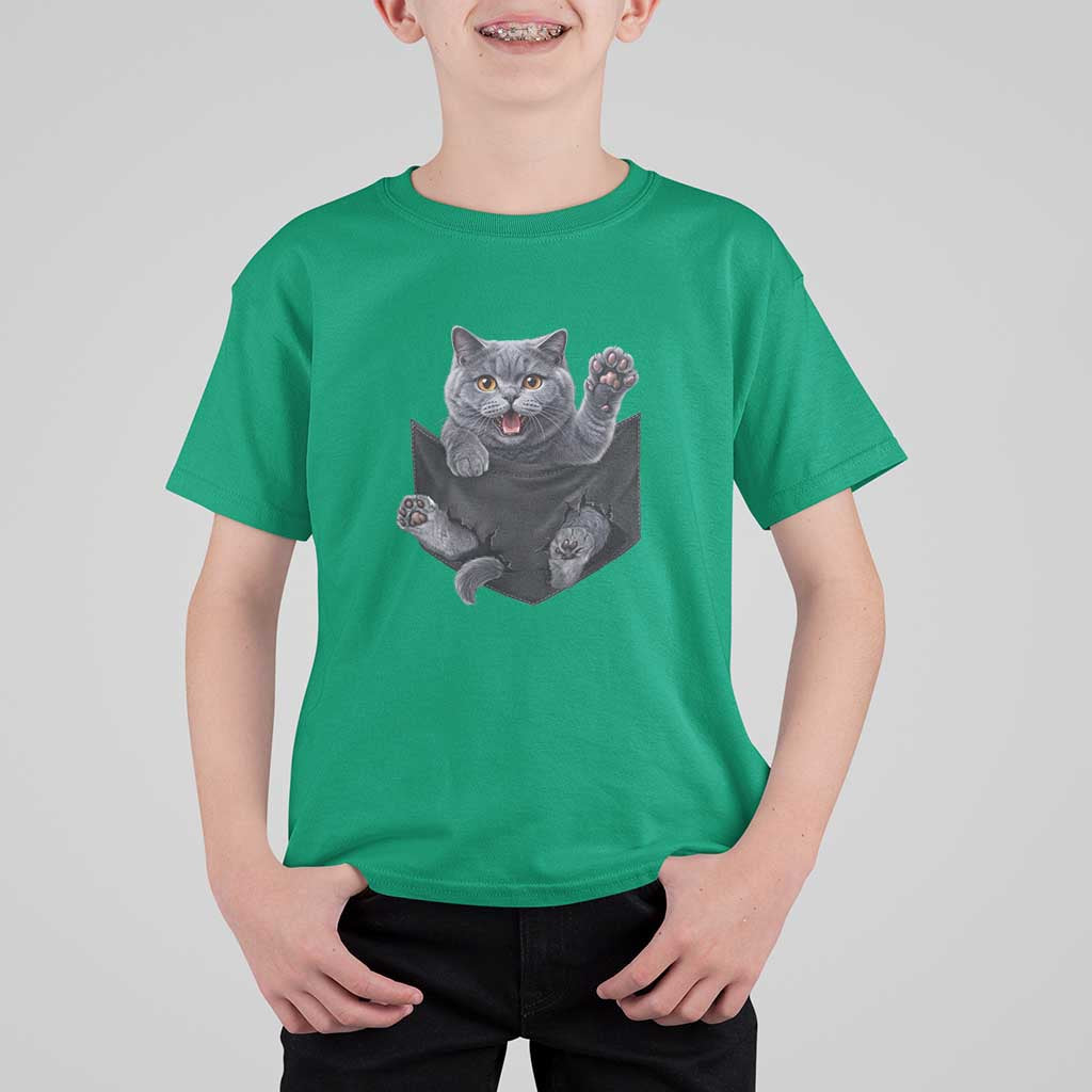 Cute British Shorthair Cat In Pocket T Shirt For Kid Cat Lover