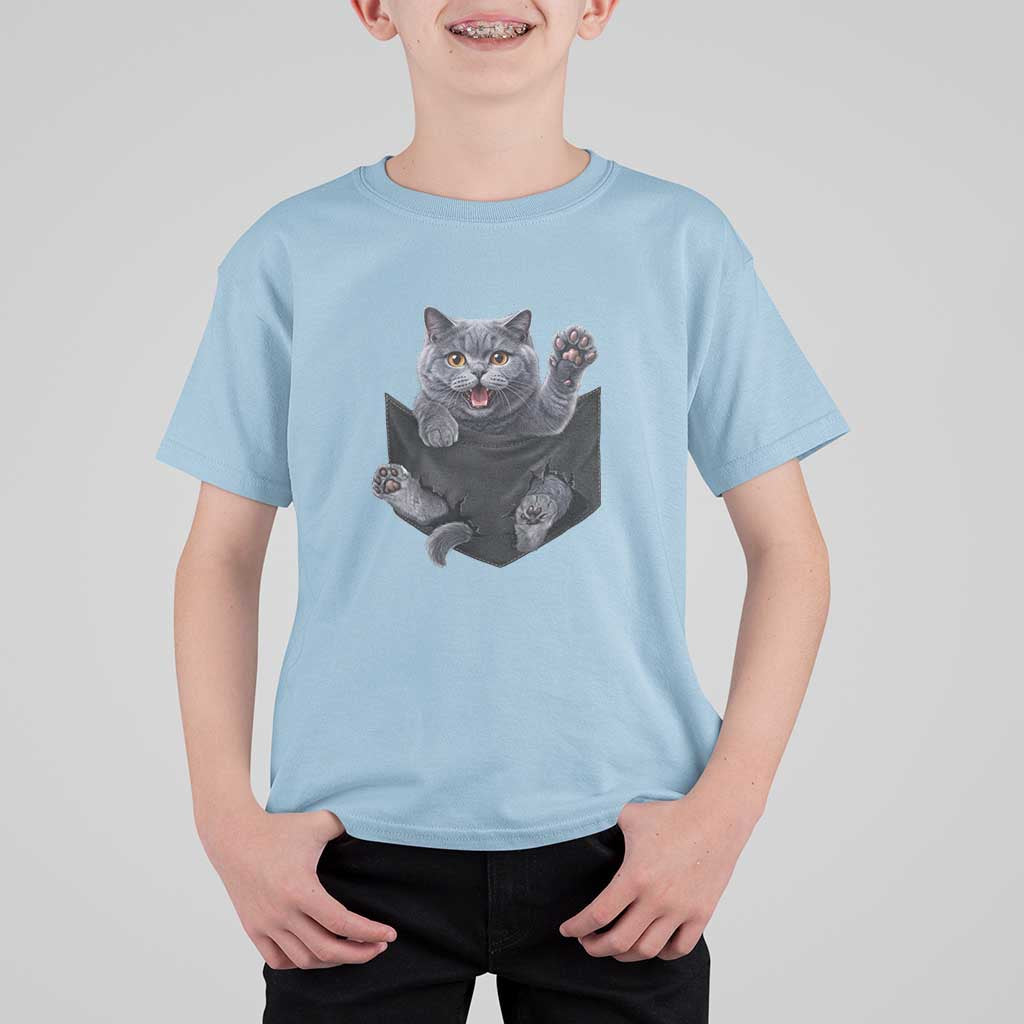 Cute British Shorthair Cat In Pocket T Shirt For Kid Cat Lover