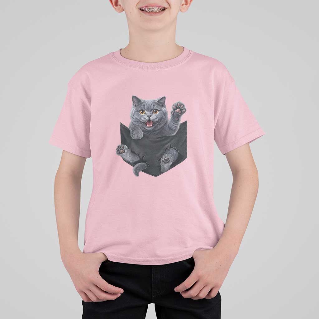 Cute British Shorthair Cat In Pocket T Shirt For Kid Cat Lover