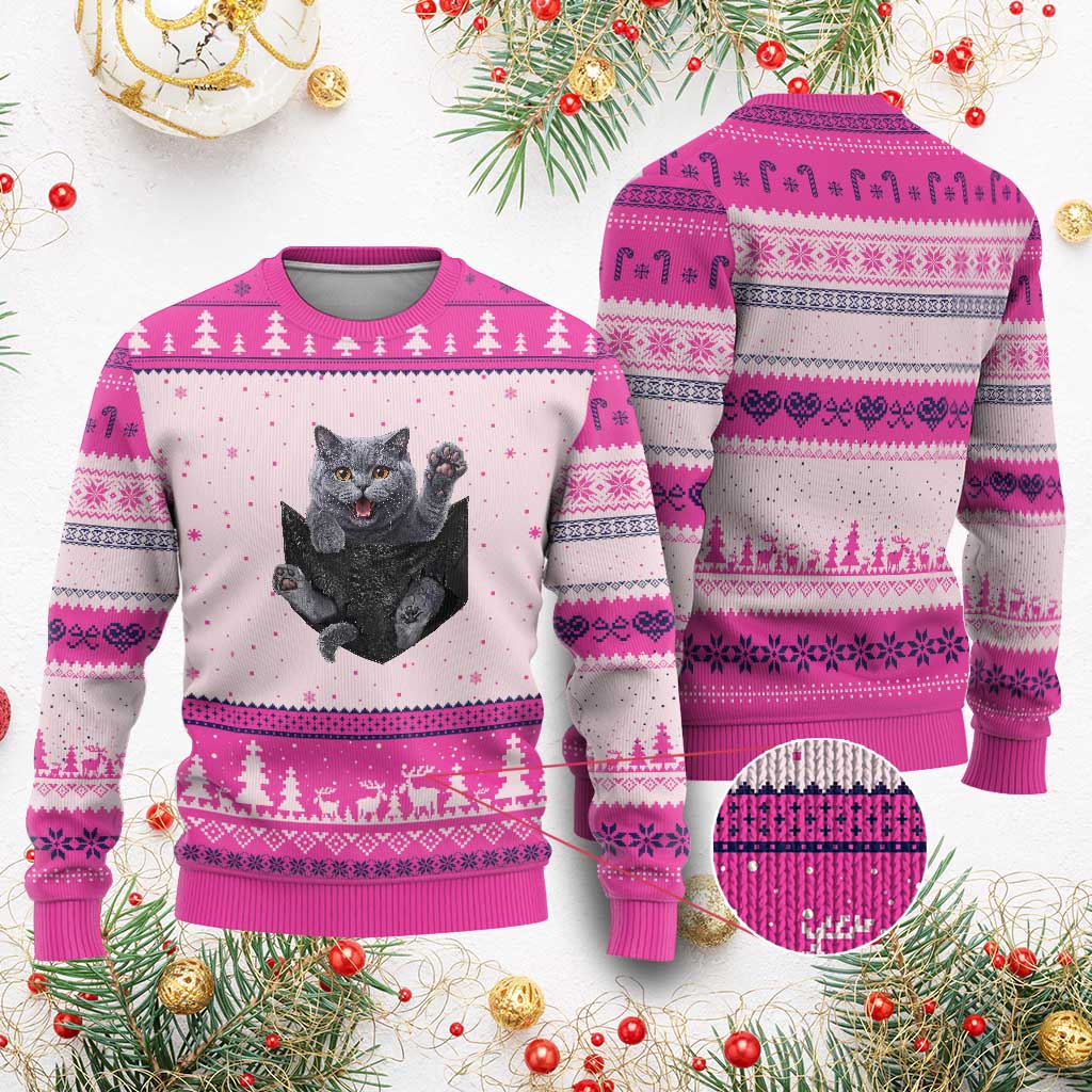 Cute British Shorthair Cat In Pocket Ugly Christmas Sweater Cat Lover