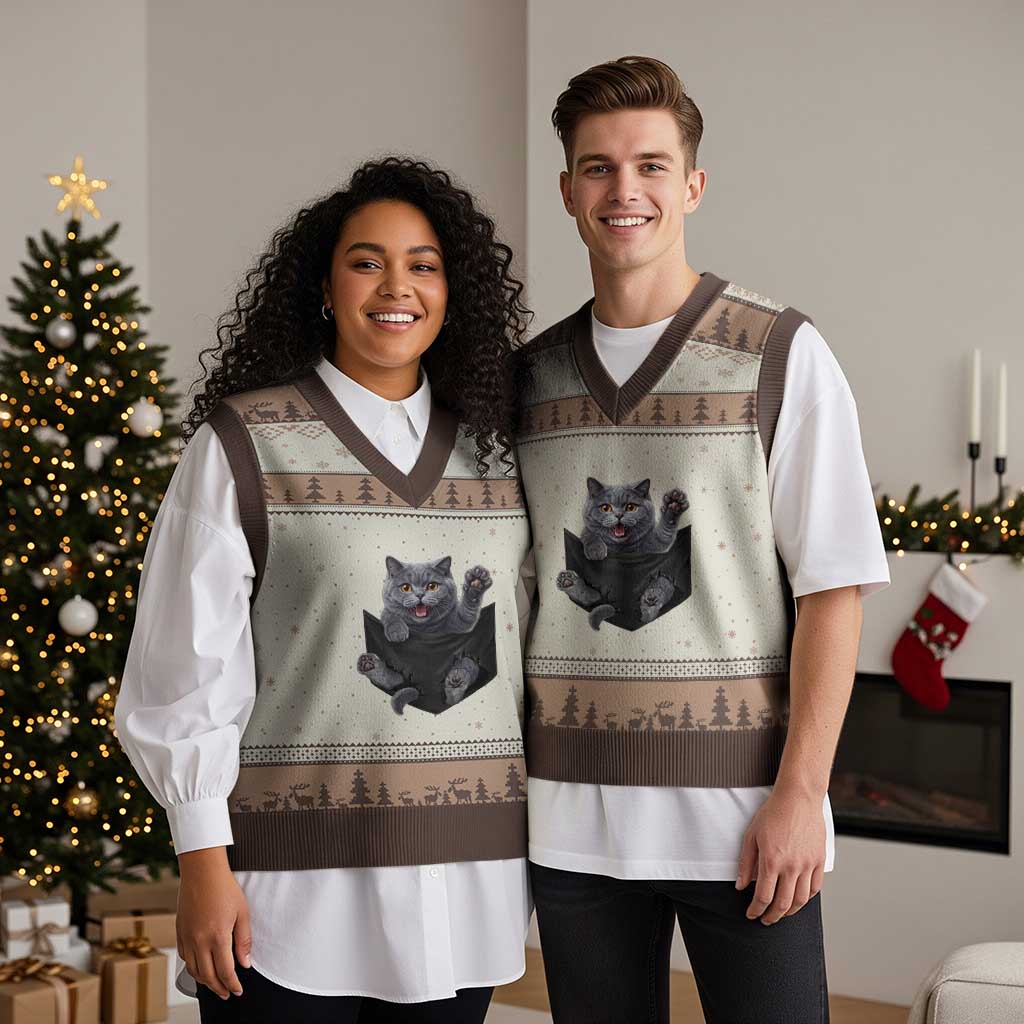 Cute British Shorthair Cat In Pocket V-Neck Knit Sweater Vest Cat Lover